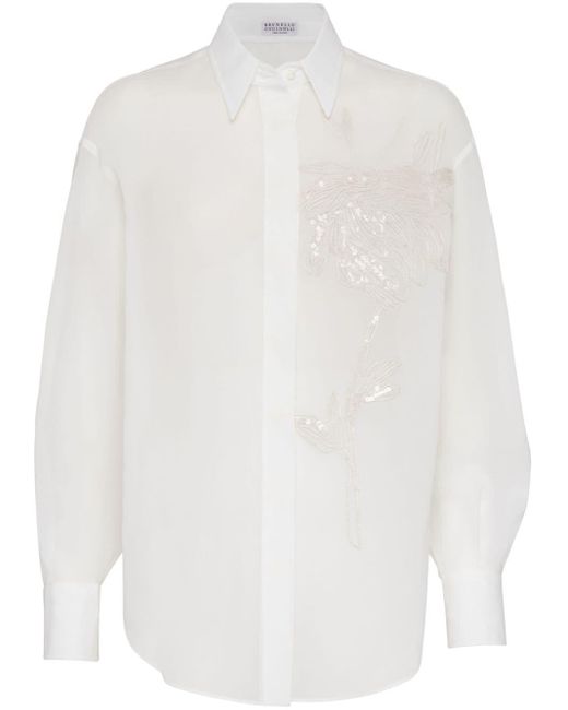 Brunello Cucinelli White Hemd mit Blumenstickerei