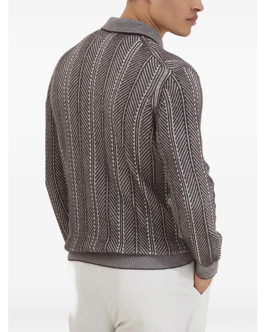 Brunello Cucinelli Gray Herringbone-Pattern Zipped Polo Shirt for men