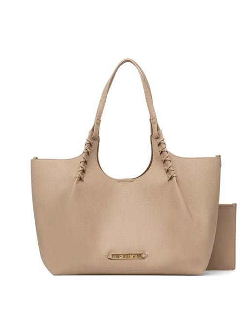 Love Moschino Natural Logo-Plaque Shopper Tote Bag
