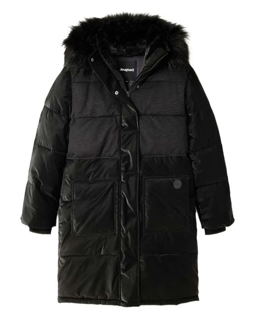 Desigual Black Faux-Fur-Trimmed Quilted Coat