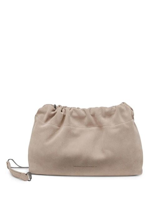 Brunello Cucinelli Natural Drawstring Suede Shoulder Bag