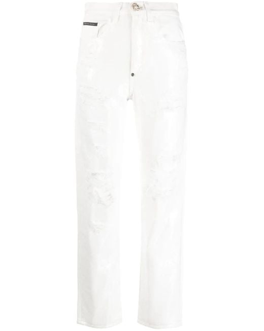 Philipp Plein White Paillettes Mom-Fit Distressed Jeans