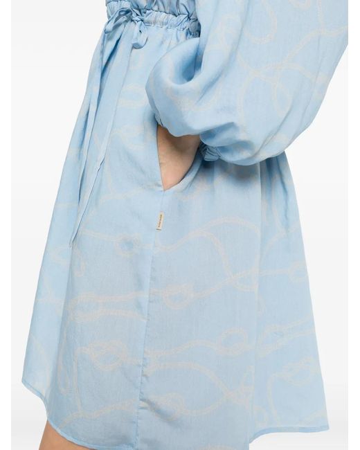 Woolrich Blue Flowing Dress With Print And Drawstring Waist