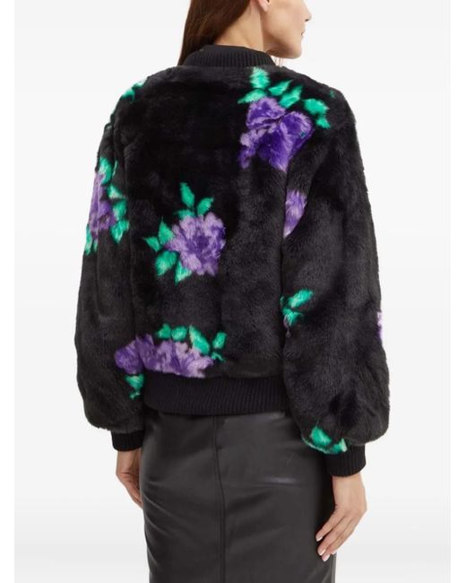 Silvian Heach Black Floral-Print Bomber Faux-Fur Jacket