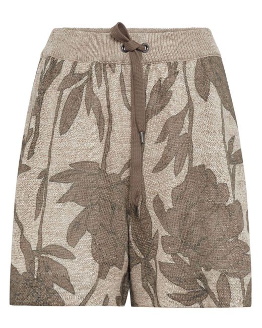 Brunello Cucinelli Natural Floral-print Knitted Bermuda Shorts