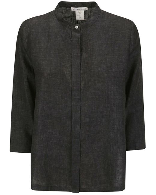 Stefano Mortari Black Band-collar Linen Shirt