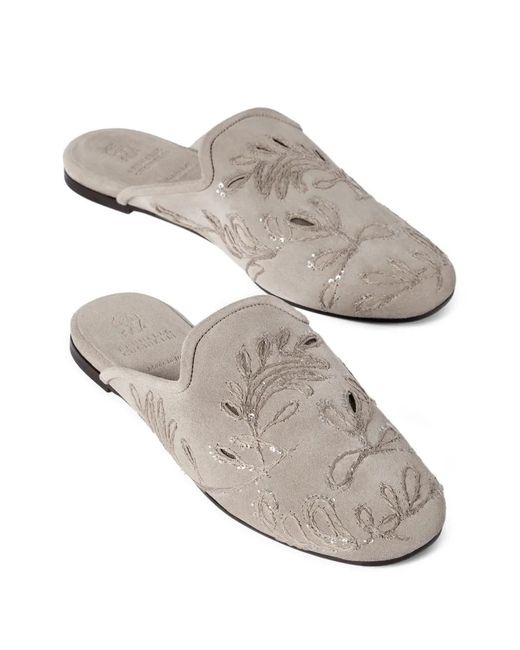 Brunello Cucinelli White Mules En Daim À Broderie Anglaise