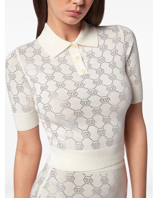 Philipp Plein Natural Monogram Knitted Polo Shirt