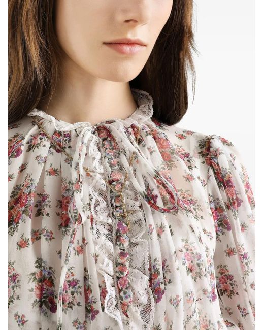Dolce & Gabbana White Flower Bouquets-Print Midi Dress