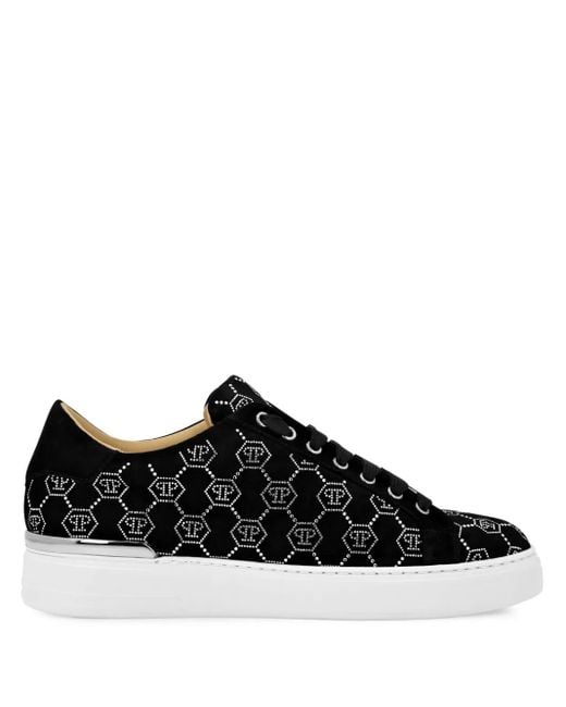 Philipp Plein Black Rhinestone Monogram Sneakers for men