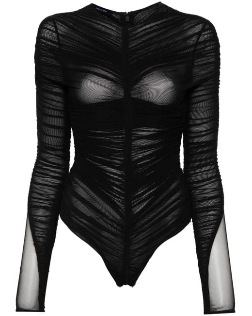 Mugler Black Gathered Semi-Sheer Bodysuit