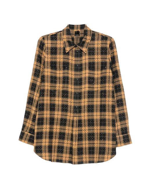 Pinko Brown Rhinestone-Embellished Checked Shirt