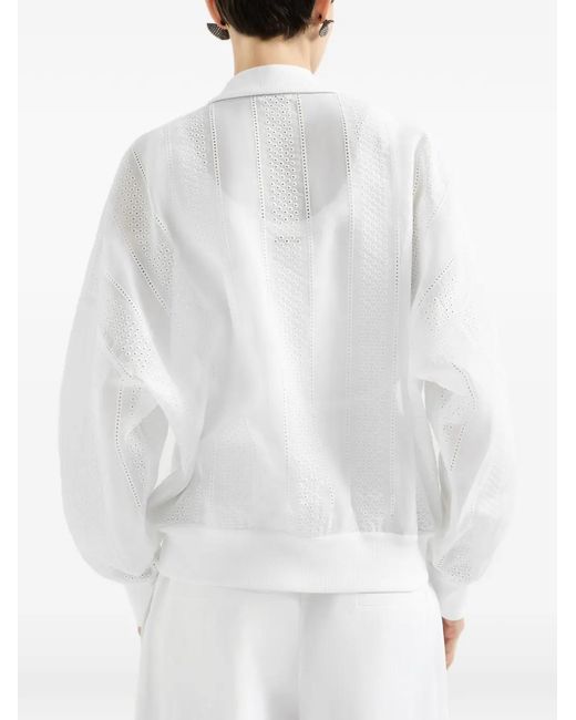 Brunello Cucinelli White Cotton Organza Broderie Anglaise Bomber Jacket With Zip And Monili
