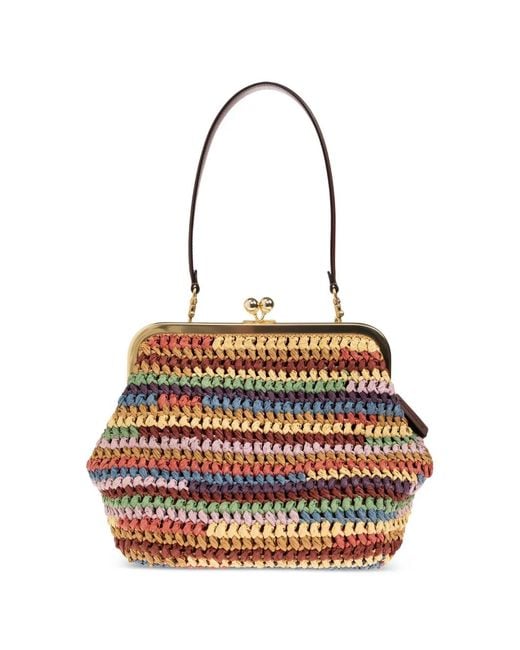 COACH White 27 Kisslock Frame Striped Tote Bag