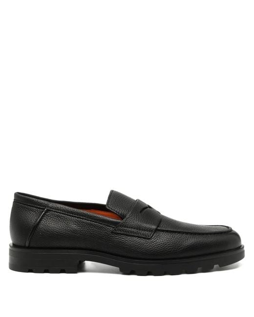 Santoni Black Leather Penny Loafers for men