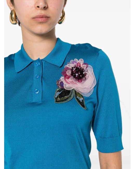 Dolce & Gabbana Blue Floral-appliqué Knit Polo Shirt