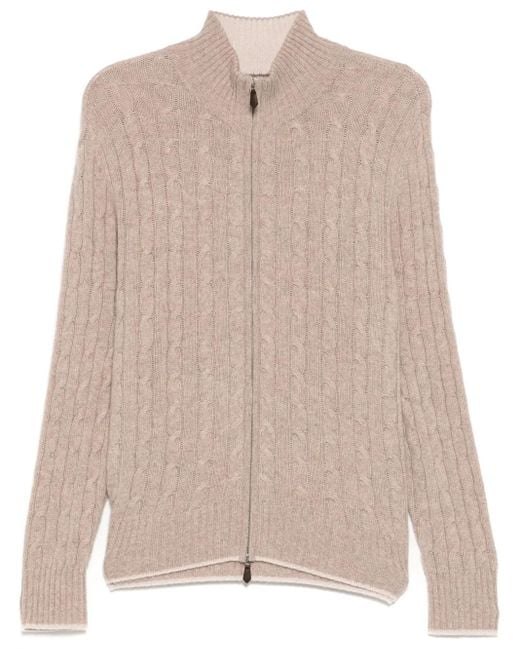 N.Peal Cashmere Pink Contrast Cable Full Zip Sweater for men