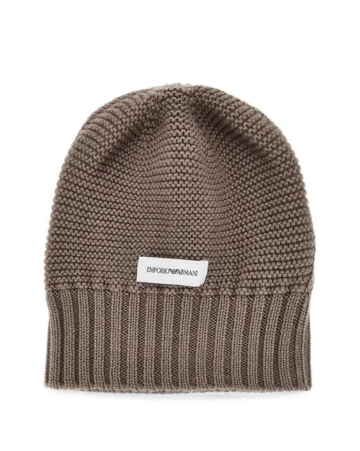 Emporio Armani Brown Logo-Patch Chunky-Knit Beanie Hat