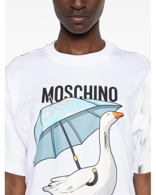 Moschino White Short-Sleeved Top With Graphic Goose And Round Neckline