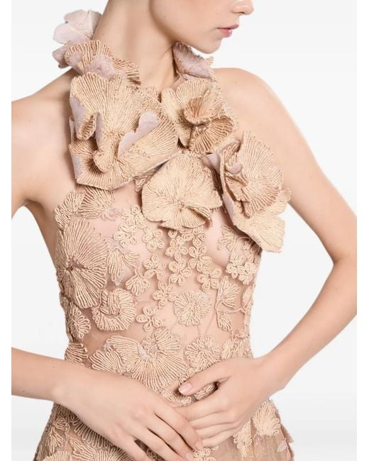 Elie Saab Natural Raffia-Embroidered Tulle Maxi Dress
