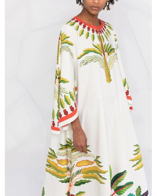 LaDoubleJ White Flying Palm Tree-Print Poplin Kaftan Dress