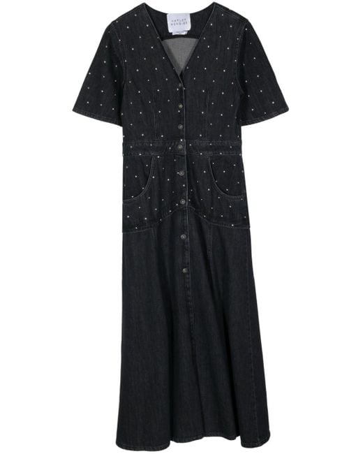 Hayley Menzies Black Studded Denim Drop-waist Midi Dress