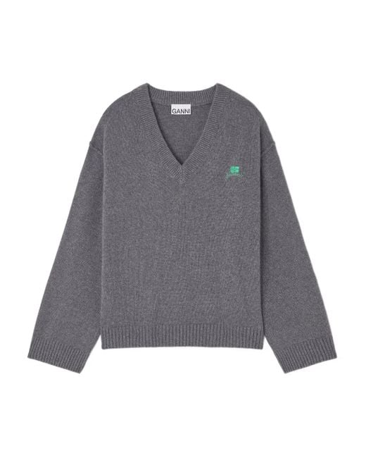 Jersey con logo y cuello en V Ganni de color Gray
