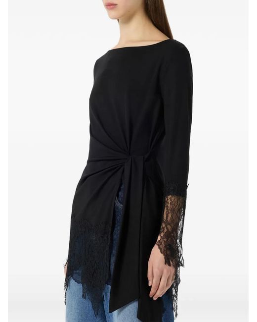 Blumarine Black Lace-Trim Knotted Blouse