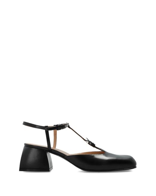 NODALETO Black Square-Toe Buckle Leather Pumps