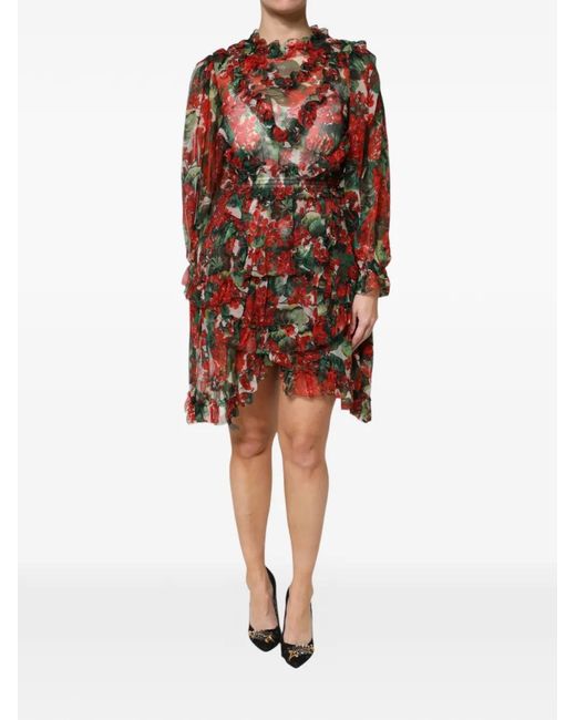 Dolce & Gabbana Red Ruffled Floral-Print Asymmetric Dress