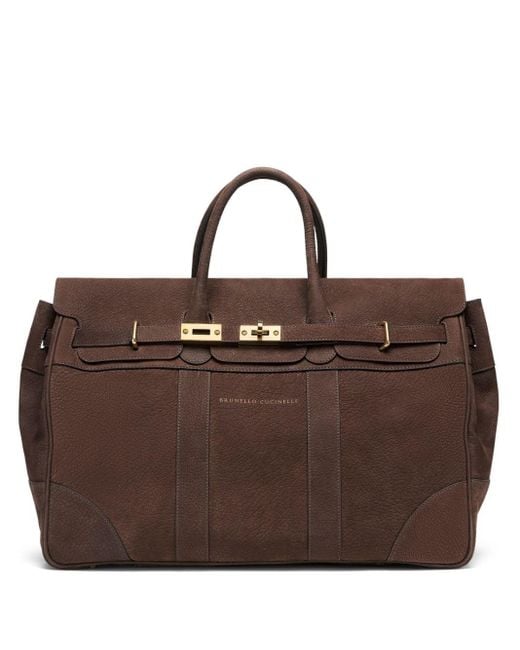 Brunello Cucinelli Brown Logo-print Leather Handbag for men