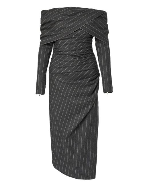 Carolina Herrera Black Off-Shoulder Pinstripe Asymmetric Day Dress
