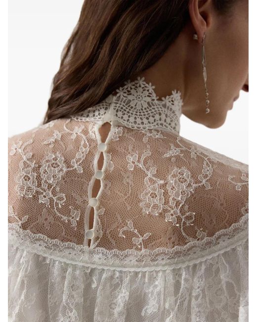 Ralph Lauren White Lace-Insert Ruffled Blouse