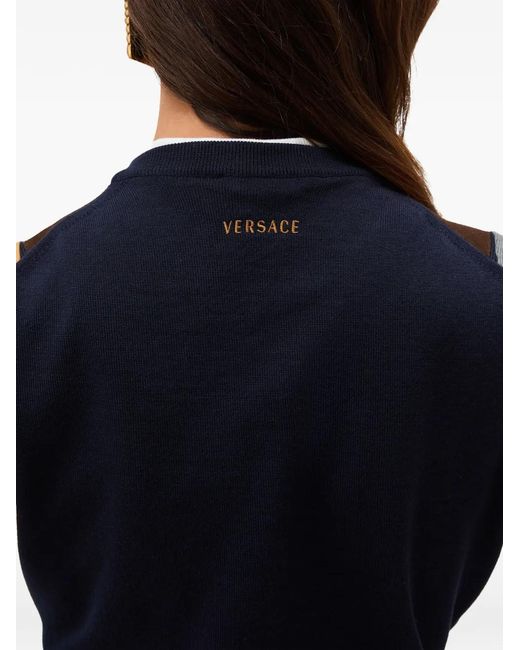 Versace Intarsia Wollen Top Met Leren Patchwork in het Blue