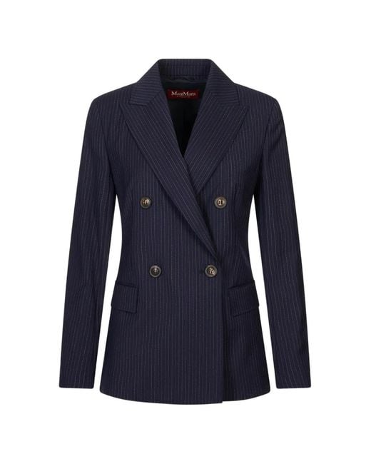 Max Mara Blue Plain-Weave Wool Double-Breasted Jacket