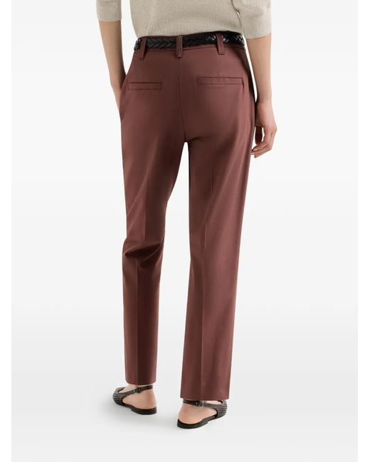 Brunello Cucinelli Brown Pantalon De Cigarette En Twill De Coton Stretch Avec Monili