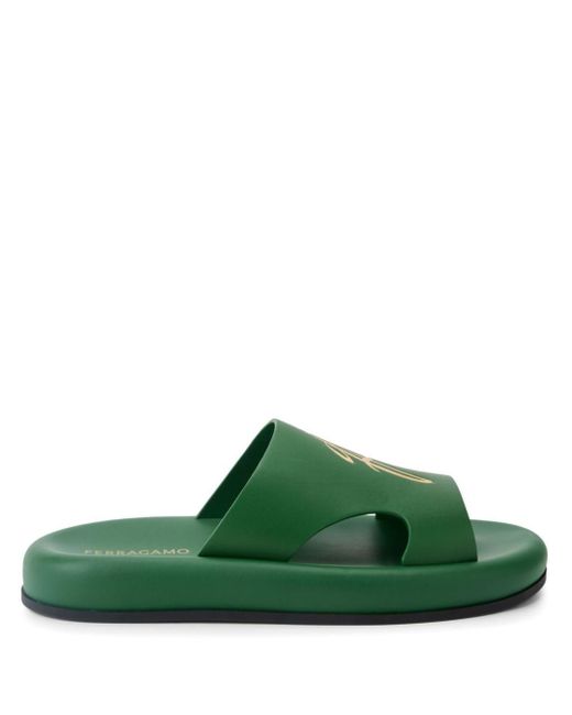 Ferragamo Green Logo-embossed Leather Slides for men