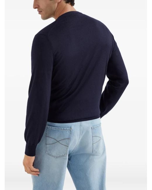 Brunello Cucinelli Blue Ribbed V-Neck Sweater for men