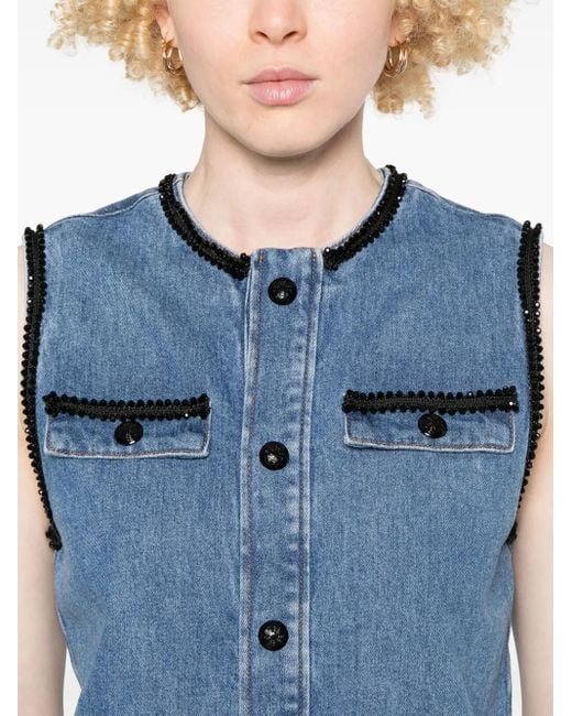Maje Blue Embroidered-Trim Denim Mini Dress