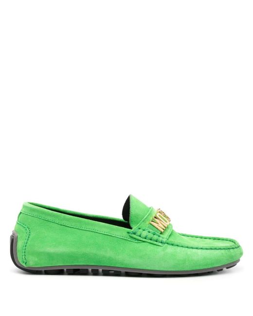 Moschino Green Logo-embellished Suede Loafers for men