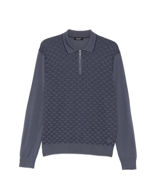 Stefano Ricci Blue Geometric-Pattern Zip-Fastening Polo Shirt for men