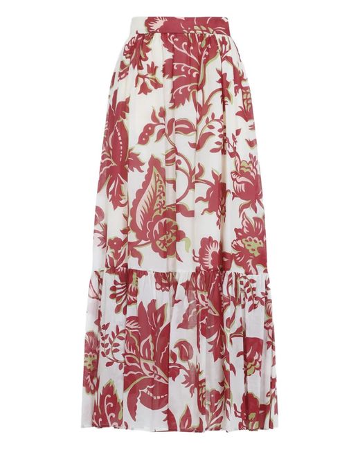 Etro Red Wide Cotton Skirt With All-Over Floral Paisley Print