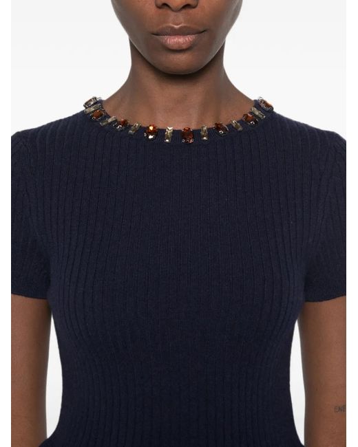 Sandro Blue Crystal-Embellished Short-Sleeve Top