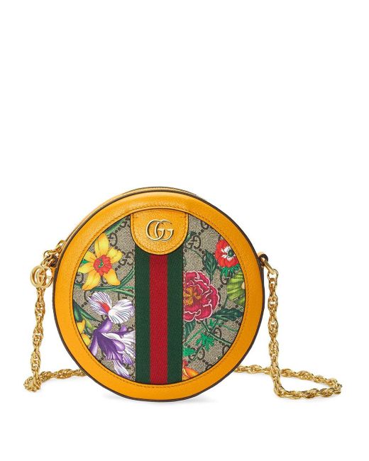 Gucci Leather Ophidia GG Flora Mini Round Shoulder Bag in Yellow 