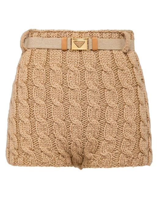 Prada Natural Belted Cable-knit Wool Shorts