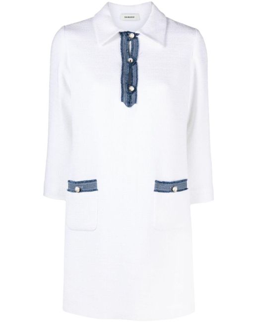 Sandro White Denim-trim Tweed-textured Cotton-blend Mini Dress