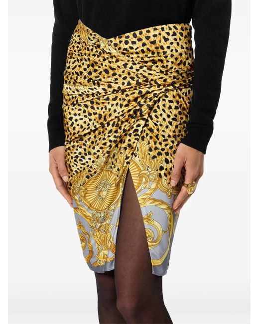 Versace Yellow Cheetah Foulard Draped Midi Skirt