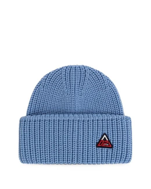 DSquared² Blue Logo-Patch Ribbed-Knit Beanie Hat for men