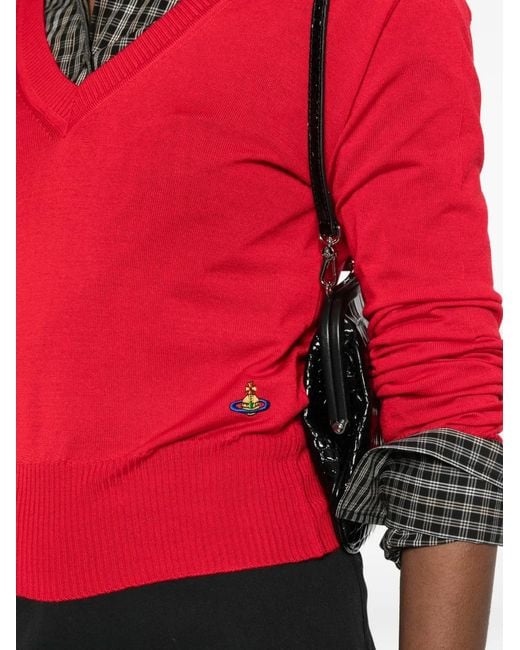 Vivienne Westwood Red Fitted Sweater With Deep V-Neckline And Ribbed Cuffs