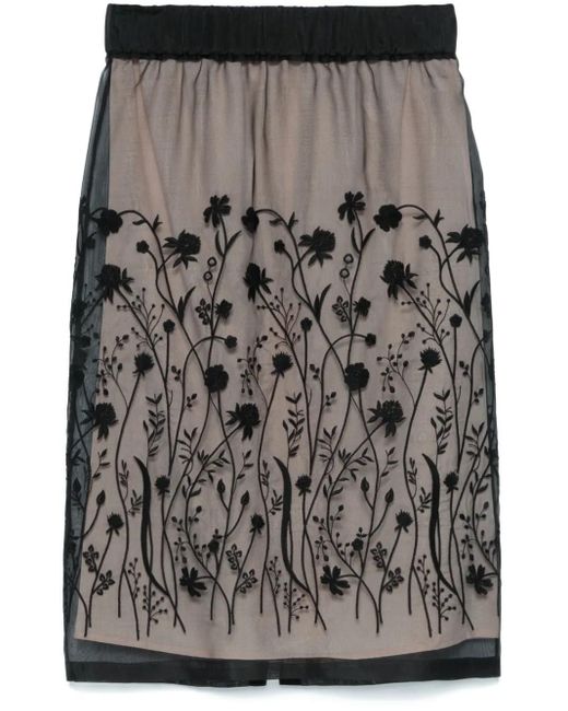 P.A.R.O.S.H. Gray Floral-Embroidered Midi Skirt